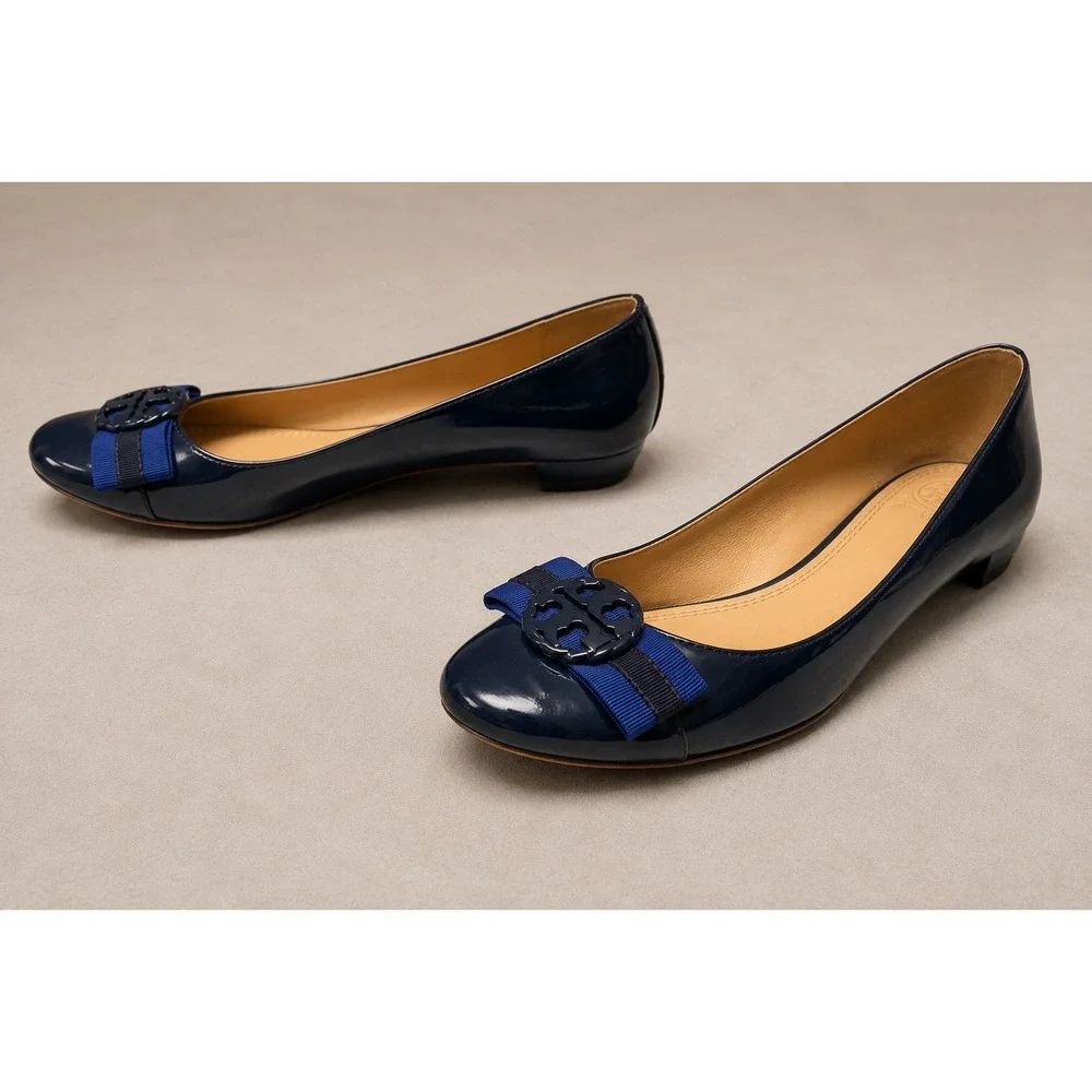 Tory Burch Patent Leather Ballet Flats Womens 6.5M Navy Blue Good Logo Bow 5930A